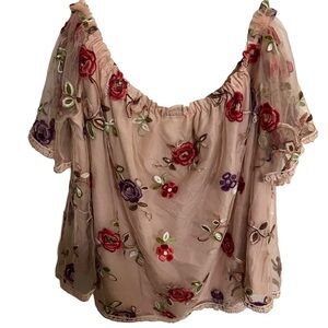 BB Dakota Pink Floral Embroidered Off The Shoulder Top